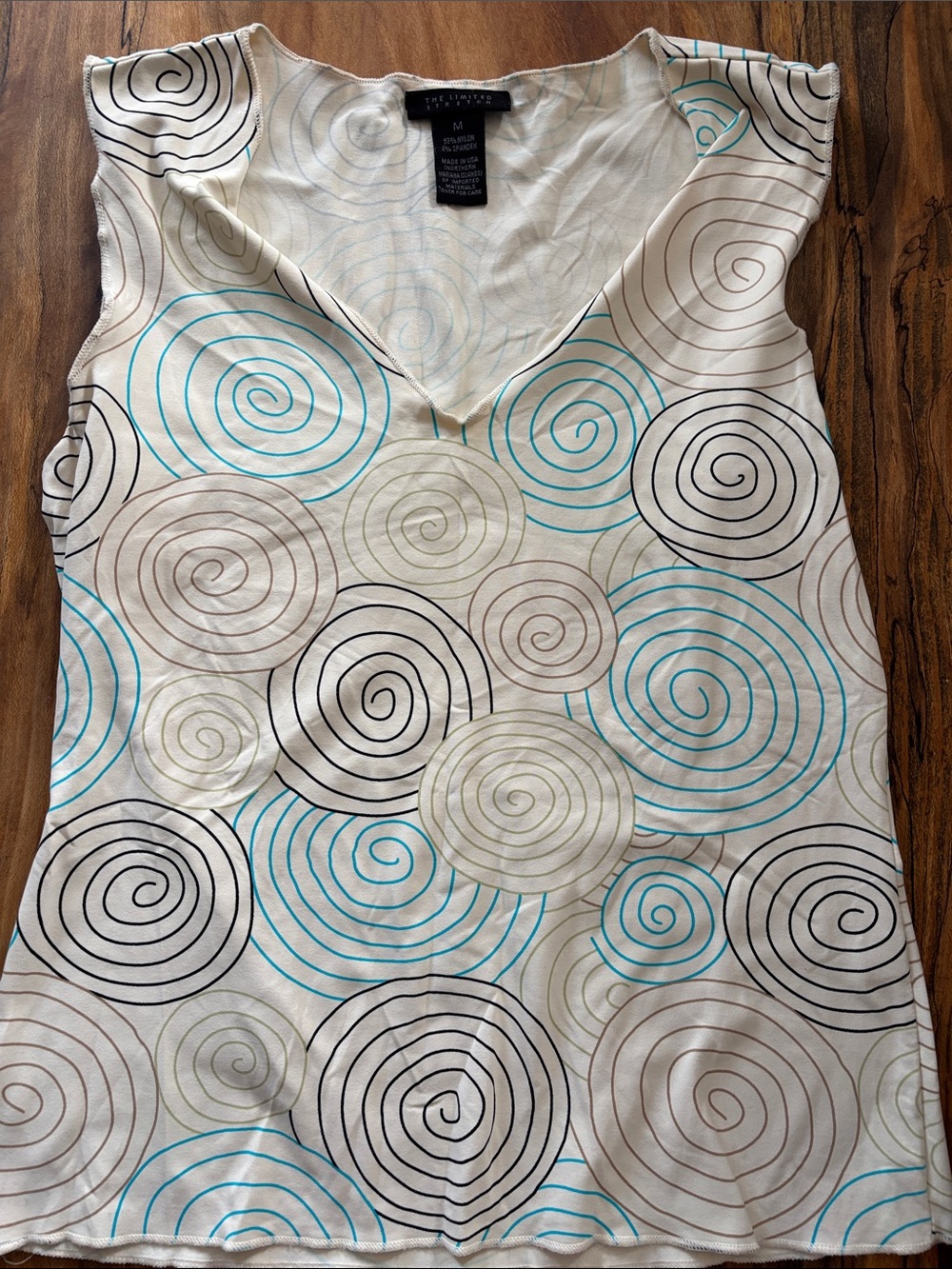 Limited White V-neck Tank with Turquoise & Black Spiral Print M